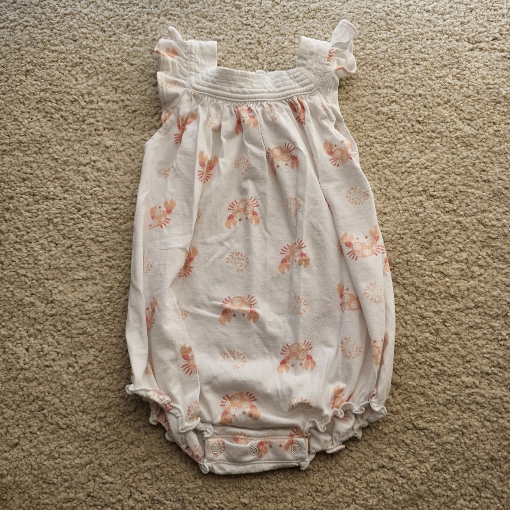 Feather Baby white crab & coral print romper 100% Pima Cotton 9-12 m